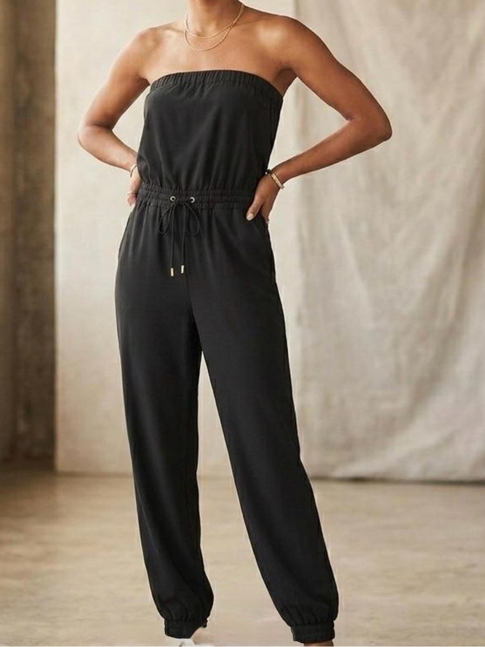 Express Tube Top Preppy Strapless Black Drawstring Jumpsuit joggers XS